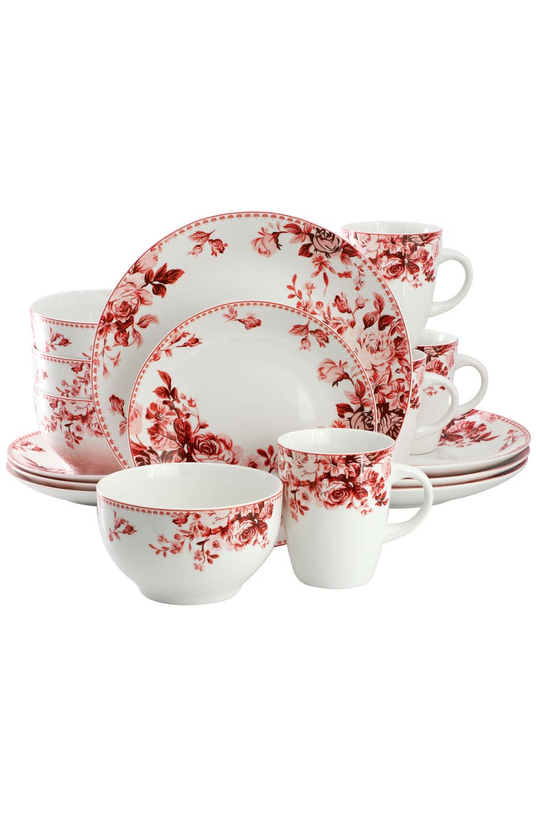 Elama Traditional Rose 16 Piece Stoneware Dinnerware Set, Main, color, Red