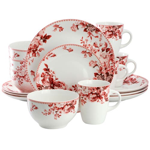 Elama Traditional Red Rose 16-pc. Stoneware Dinnerware Set In Multi