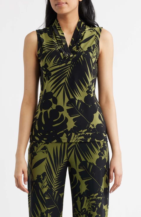 Two-Tone Tropical Triple Pleat V-neck Top (Regular & Petite)