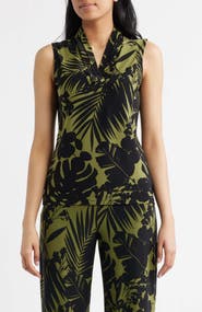 Anne Klein Two-Tone Tropical Triple Pleat V-neck Top