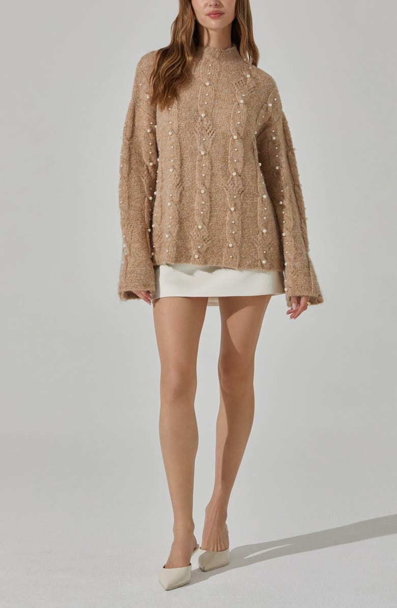 ASTR the Label Kit Faux Pearl Cable Stitch Sweater, Alternate, color, Taupe