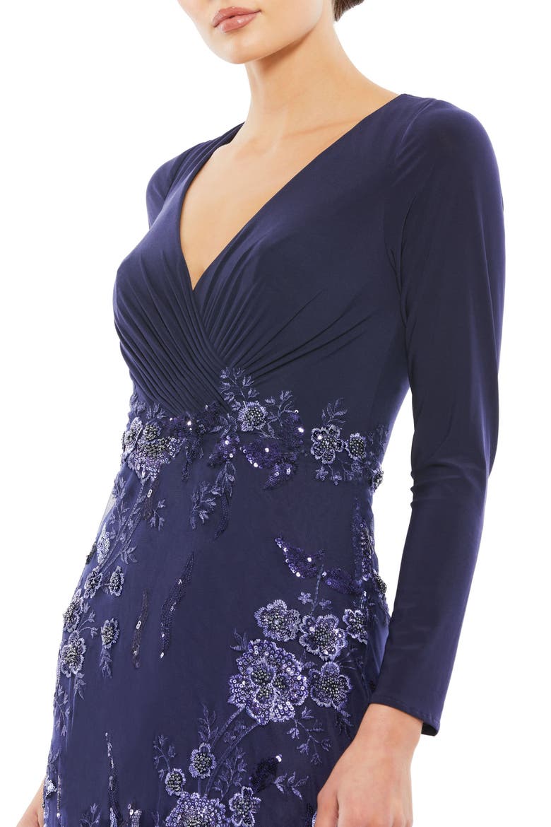 Embellished Long Sleeve Wrap Over Trumpet Gown, Alternate, color, Midnight