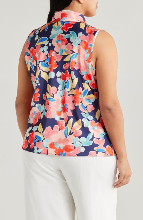 Tahari Asl Floral Sailor Tie Neck Sleeveless Top In Navy Coral Floral