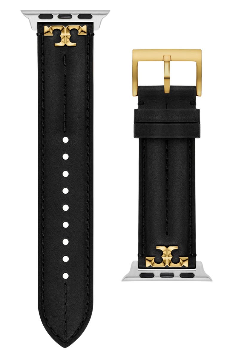 Tory Burch The Kira Leather 20mm Apple Watch<sup>®</sup> Watchband, Main, color, Black