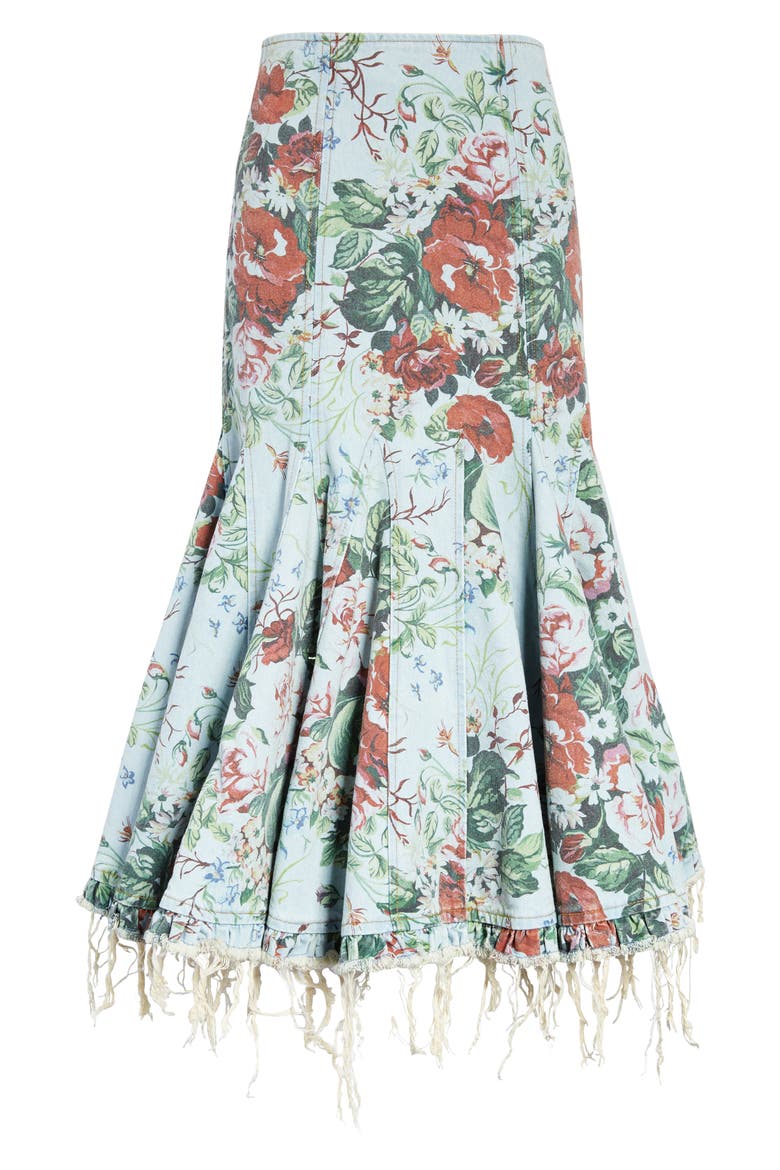 Floral Print Raw Hem Denim Midi Skirt, Alternate, color, BLUE WASH