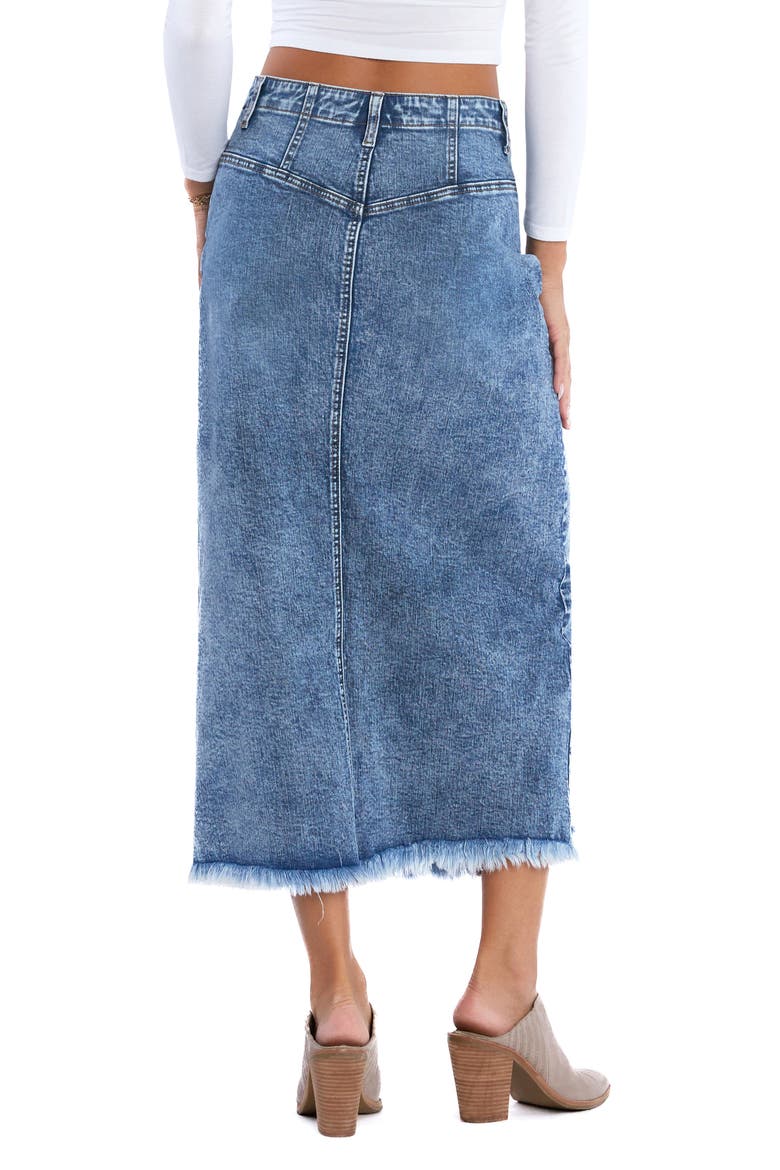 Mia Crossover Waist Raw Hem Midi Denim Skirt, Alternate, color, MIA BLUE