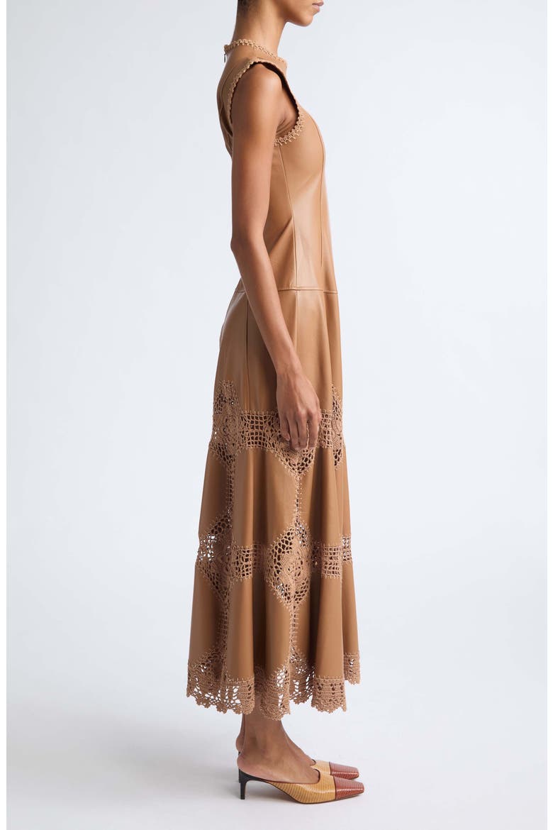 Ilana Crochet Leather Dress, Alternate, color, CAMEL