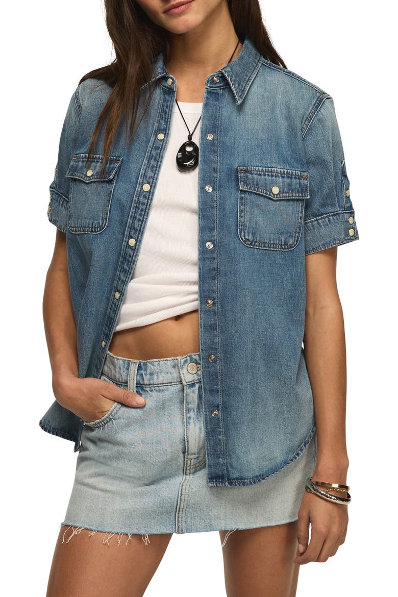 Short Sleeve Denim Western Shirt, Main, color, GLAMMED UP WASH