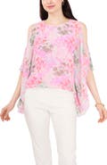 Chaus Floral Print Cold Shoulder Cape Sleeve Top