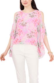 Chaus Floral Print Cold Shoulder Cape Sleeve Top