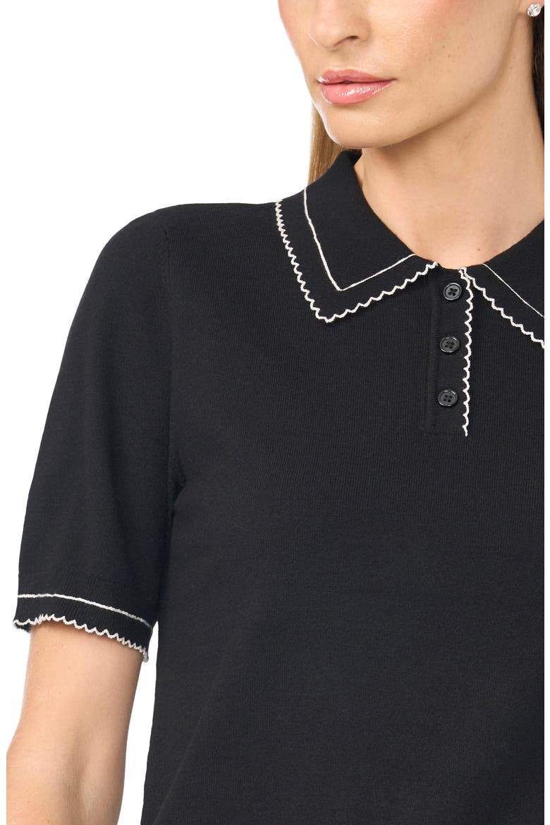 Scalloped Trim Short Sleeve Polo Sweater, Alternate, color, RICH BLACK