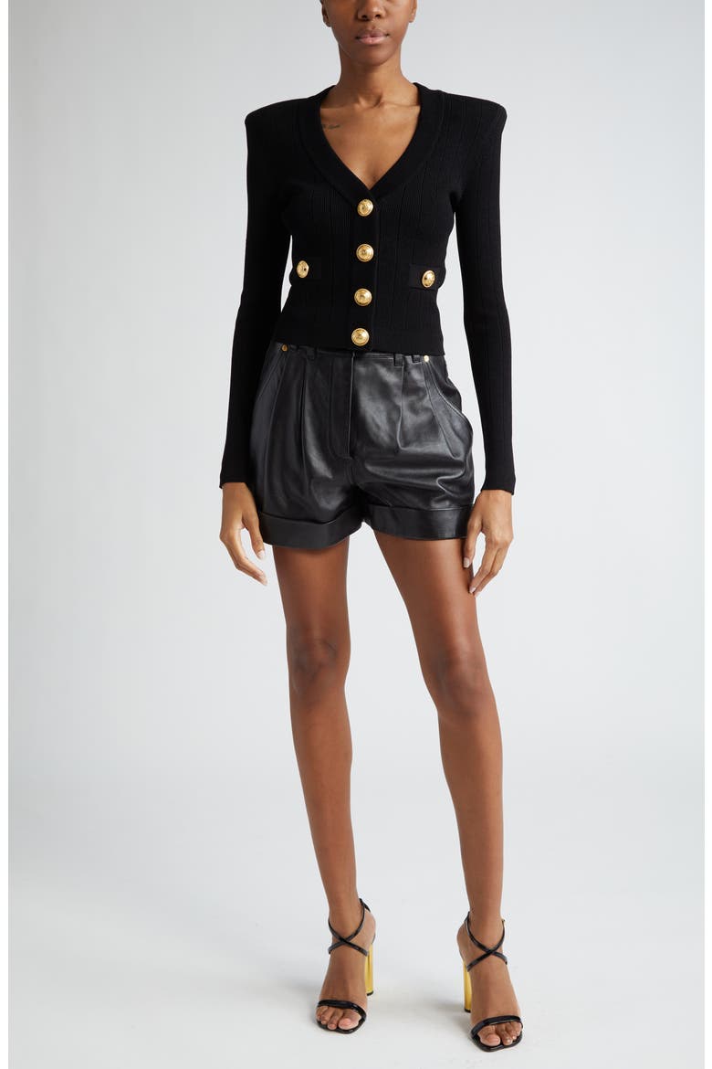 V-Neck Crop Pointelle Rib Cardigan, Alternate, color, BLACK