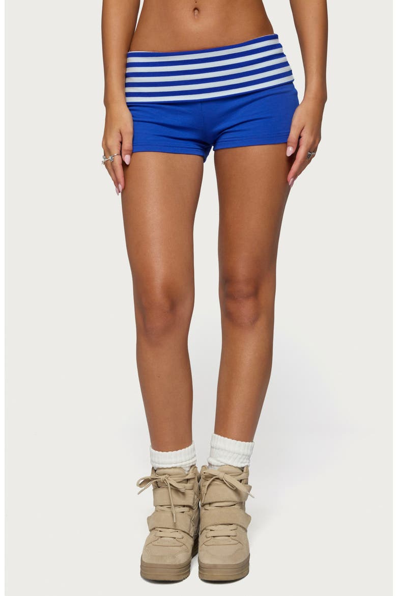 Shantal Stripe Stretch Cotton Foldover Microshorts, Main, color, BLUE-AND-WHITE