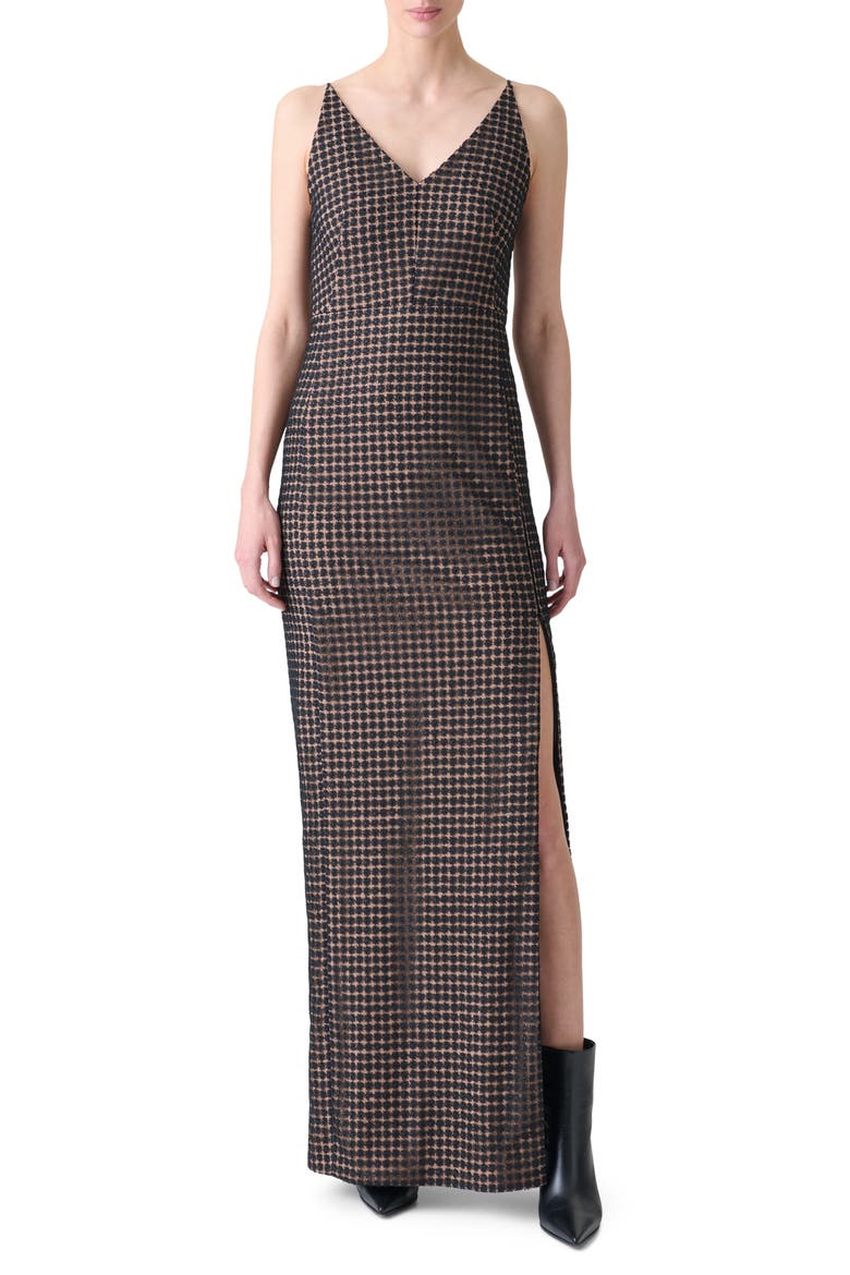 Flower Grid Embroidered Tulle Column Gown, Main, color, BLACK