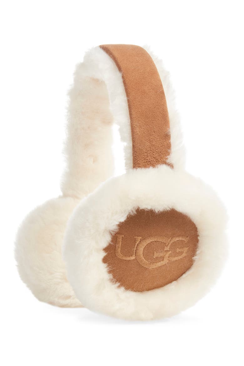 Logo Embroidered Genuine Shearling Earmuffs, Main, color, CHESTNUT