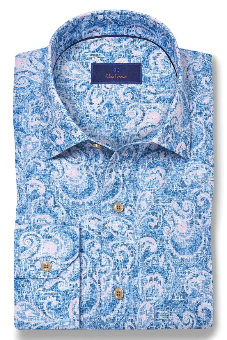 Paisley Long Sleeve Linen & Pima Cotton Button-Up Shirt, Alternate, color, NAVY/ PINK