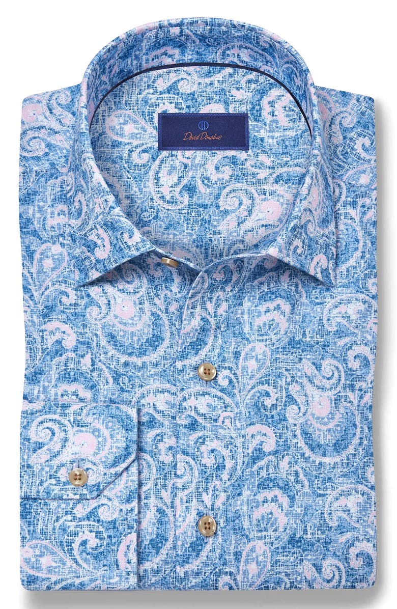 David Donahue Paisley Print Linen & Cotton Shirt, Alternate, color, Navy/ Pink