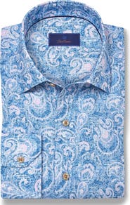 David Donahue Paisley Long Sleeve Linen & Pima Cotton Button-Up Shirt