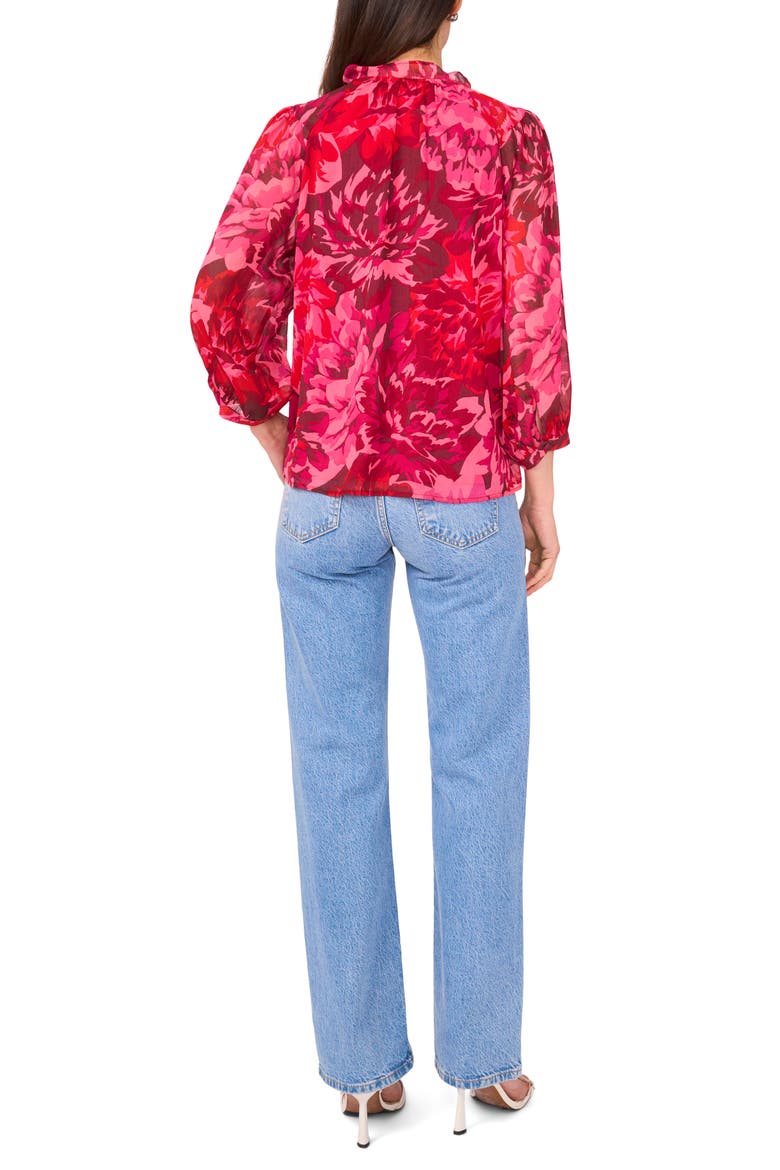 Floral Print Tie Neck Top, Alternate, color, MERLOT RED
