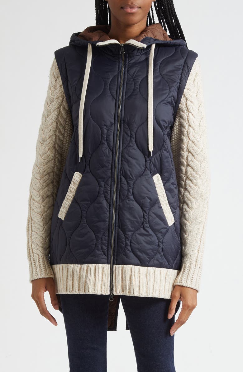 Veronica Beard Barrows Mixed Media Hooded Zip-Up Jacket, Main, color, Navy Heathered Sand