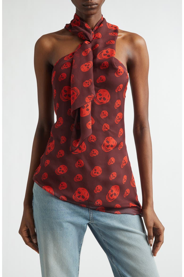 Skull Print Silk Chiffon Scarf Top, Main, color, DARK PURPLE