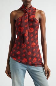 McQueen Skull Print Silk Chiffon Scarf Top