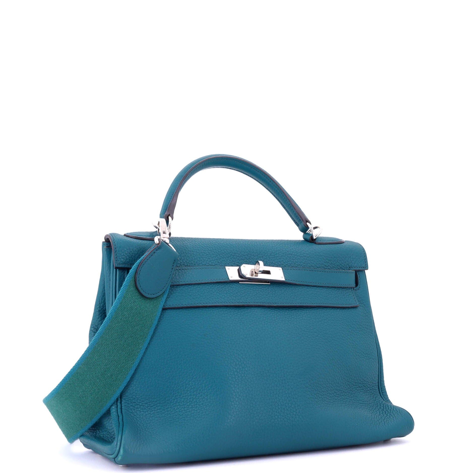 Pre-Owned Hermes Kelly Amazone Handbag Blue Clemence with Palladium Hardware 32, Alternate, color, 