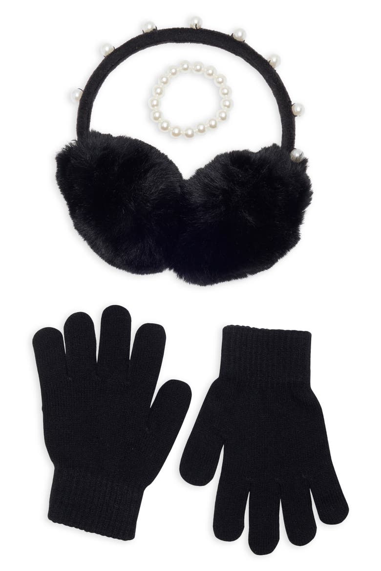 Kids' 3-Piece Pearl Earmuffs, Gloves & Bracelet Set, Main, color, BLACK