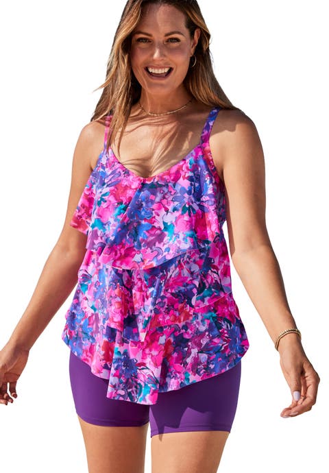 Longer-Length Tiered-Ruffle Tankini Top