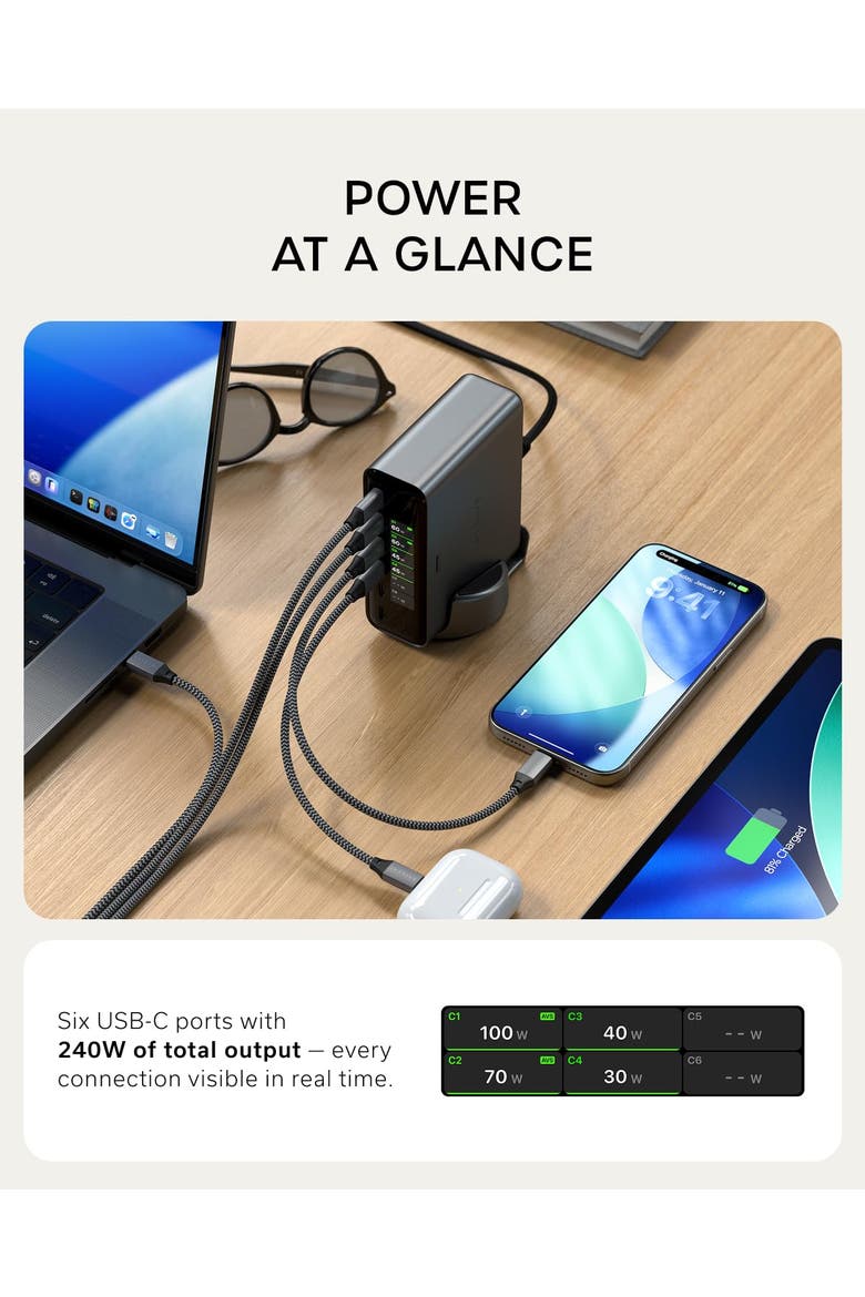ChargeView 240W 6-Port USB-C GaN Desktop Charger with On-Demand LCD Display, Alternate, color, Space Black
