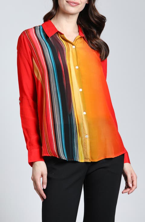 Abstract Print Roll Tab Sleeve Chiffon Button-Up Shirt