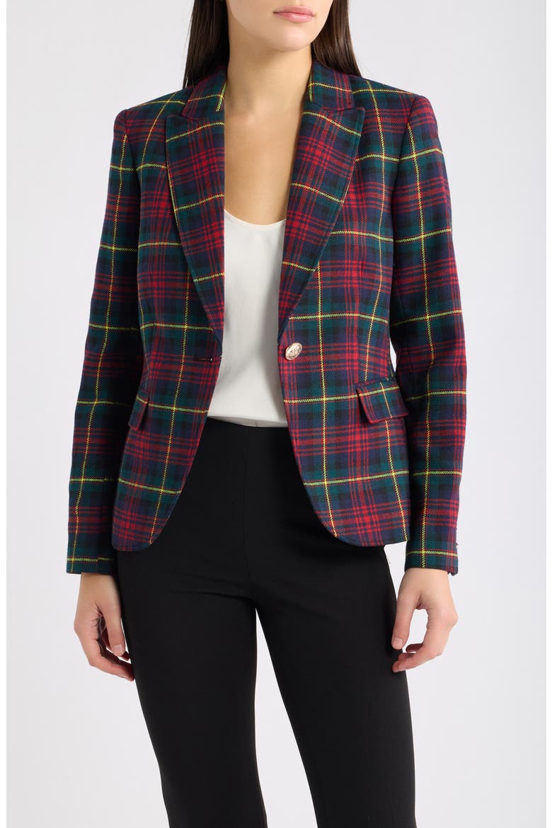 One Button Stretch Plaid Blazer, Main, color, BLACK PINE