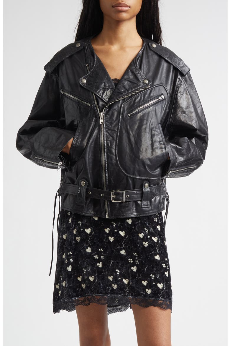 Belted Leather Moto Jacket, Main, color, BLACK