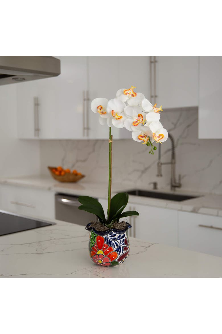 26-in Artificial Orchid Arrangement in Handmade Mexican Talavera Ceramic Planter, Alternate, color, Green