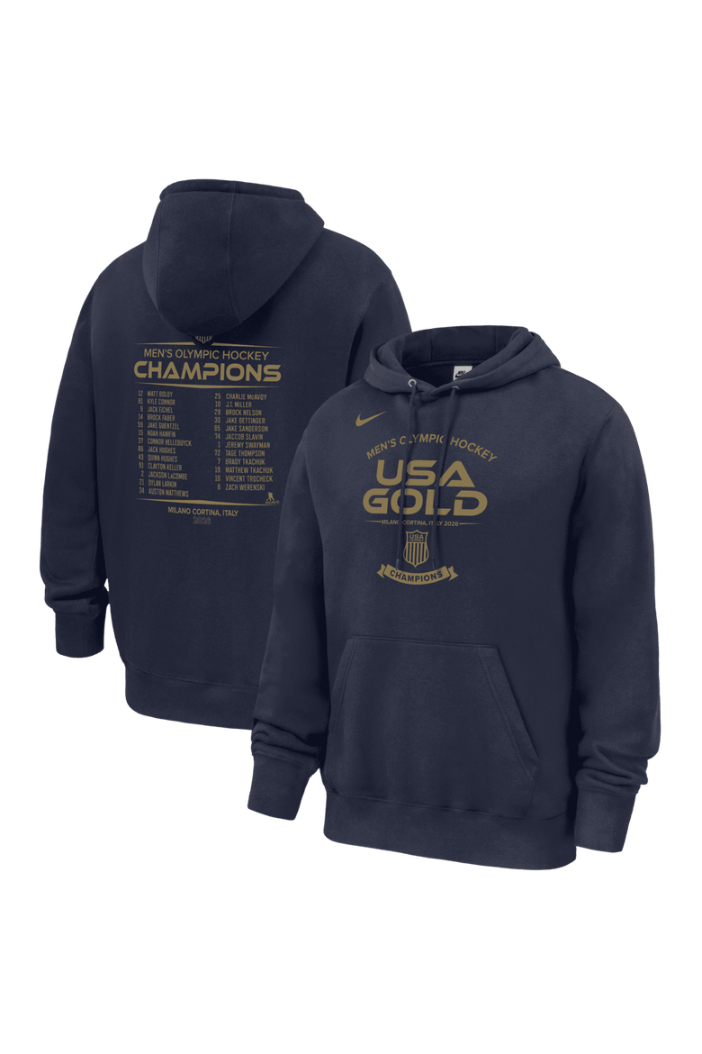 Men's Nike Navy Men's USA Hockey 2026 Winter Olympics Gold Medal Roster Club Fleece Hoodie, Main, color, Navy