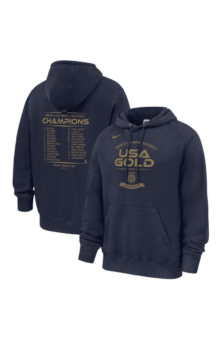Nike Men's Nike Navy Men's USA Hockey 2026 Winter Olympics Gold Medal Roster Club Fleece Hoodie, Main, color, Navy
