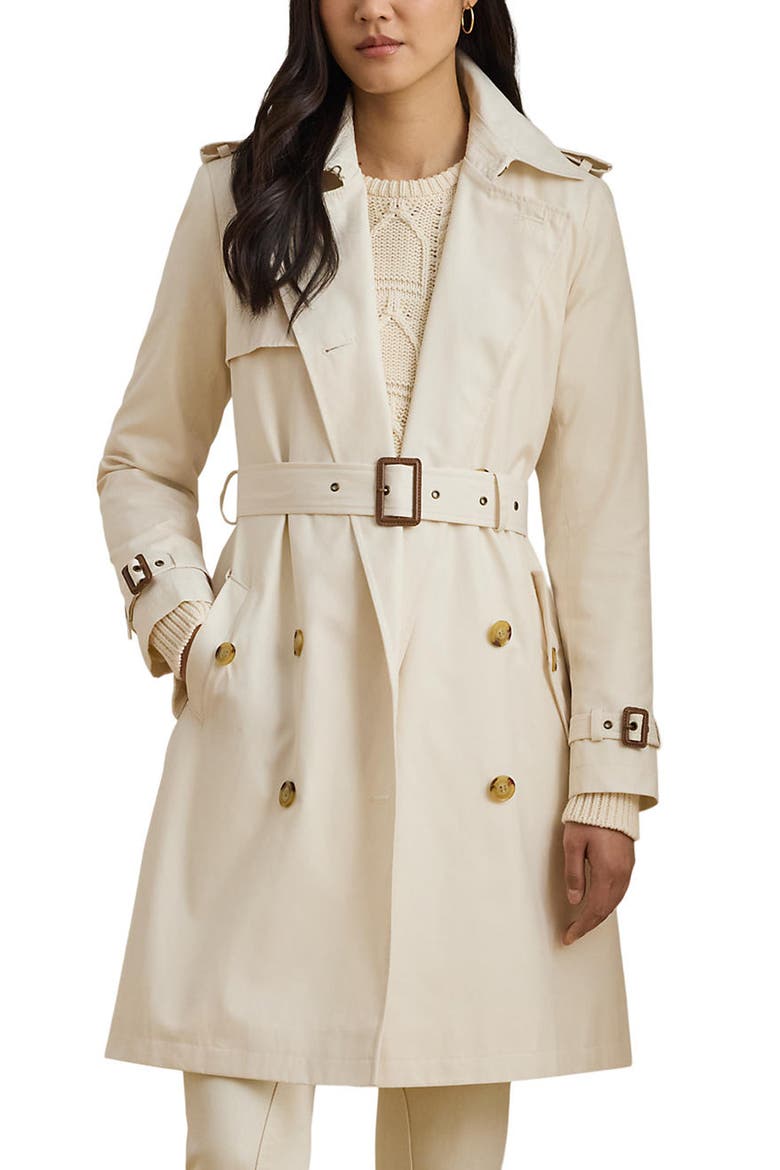 Double Breasted Belted Rain Trench Coat, Main, color, MASCARPONE