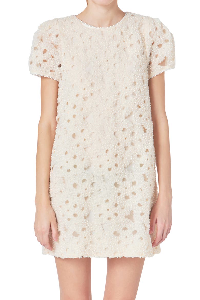Faux Pearl & Tulle Flower Short Sleeve Shift Dress, Main, color, CHAMPAGNE