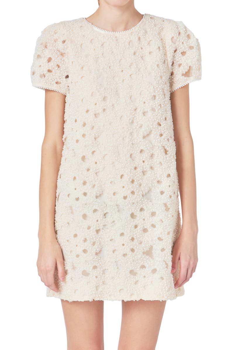 Endless Rose Faux Pearl & Tulle Flower Short Sleeve Shift Dress, Main, color, Champagne