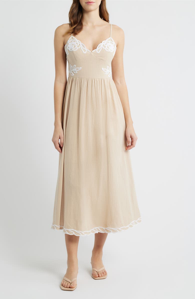 MOON RIVER Embroidered V-Neck Midi Dress, Main, color, Taupe
