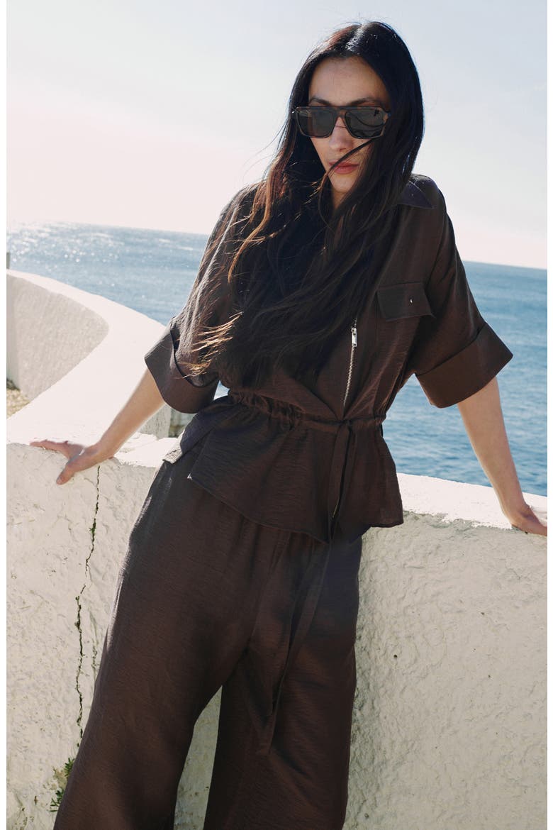 Belted Zip-Front Shirt, Alternate, color, BROWN