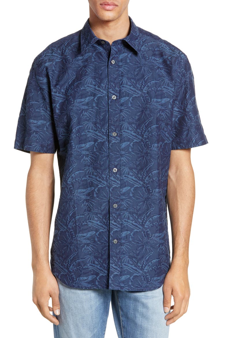 Venice Regular Fit Palm Print Shirt, Main, color, INDIGO