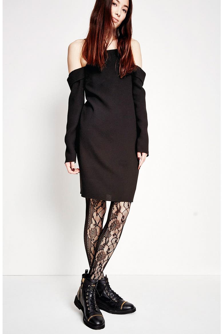 'Runway' Floral Net Tights, Alternate, color, BLACK