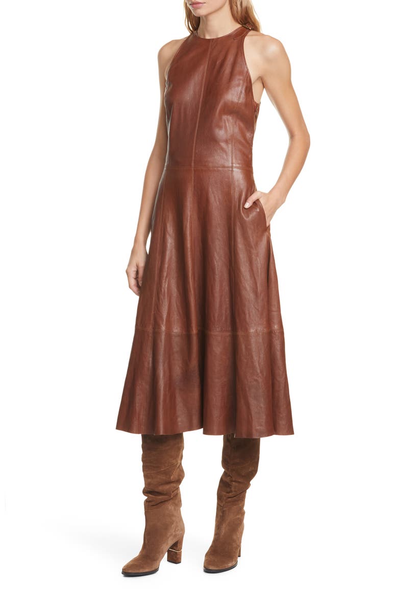 Leather Sleeveless Fit & Flare Dress, Alternate, color, SNUFF