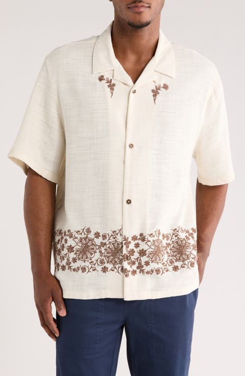 Remi Floral Embroidered Slub Cotton Camp Shirt
