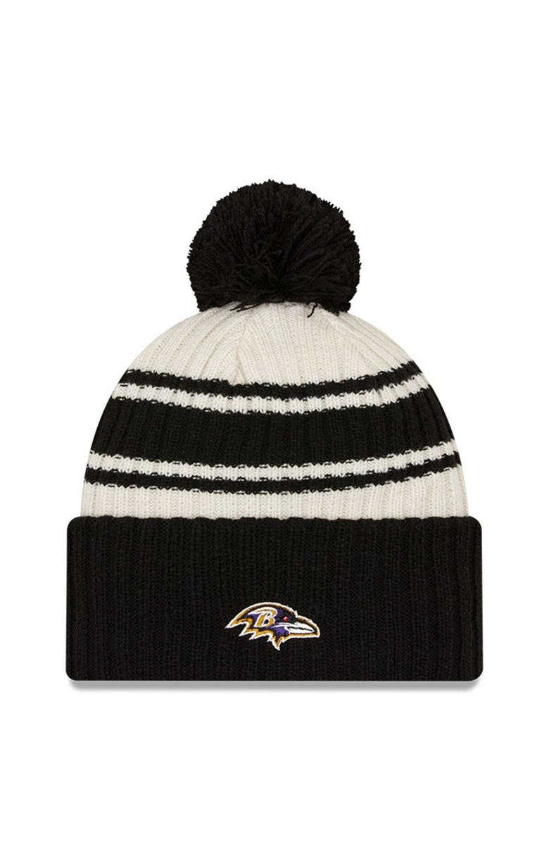 New Era Youth New Era  Cream/Black Baltimore Ravens 2022 Sideline Sport Cuffed Pom Knit Hat, Alternate, color, 