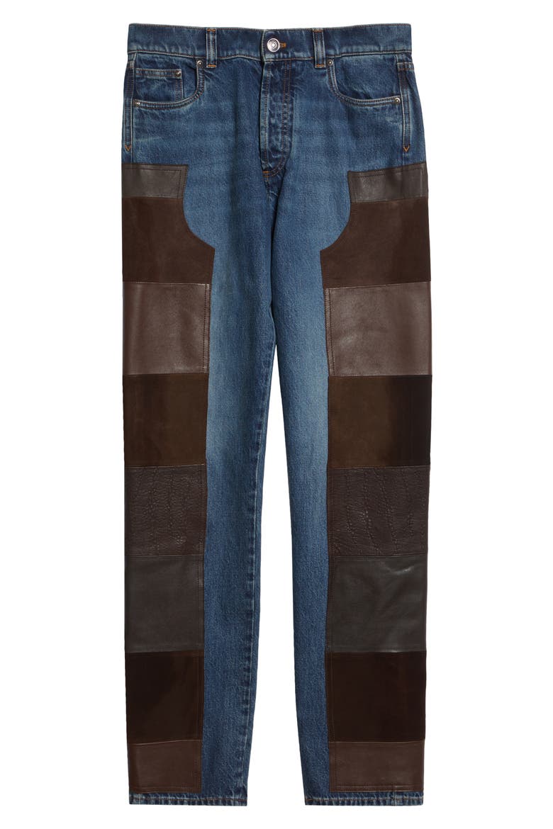 Gender Inclusive Leather Patchwork Straight Leg Jeans, Alternate, color, DIRTY BLUE BROWN