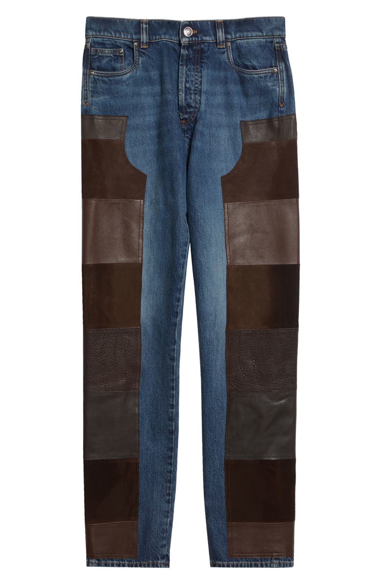 Versace Gender Inclusive Leather Patchwork Straight Leg Jeans, Alternate, color, Dirty Blue Brown