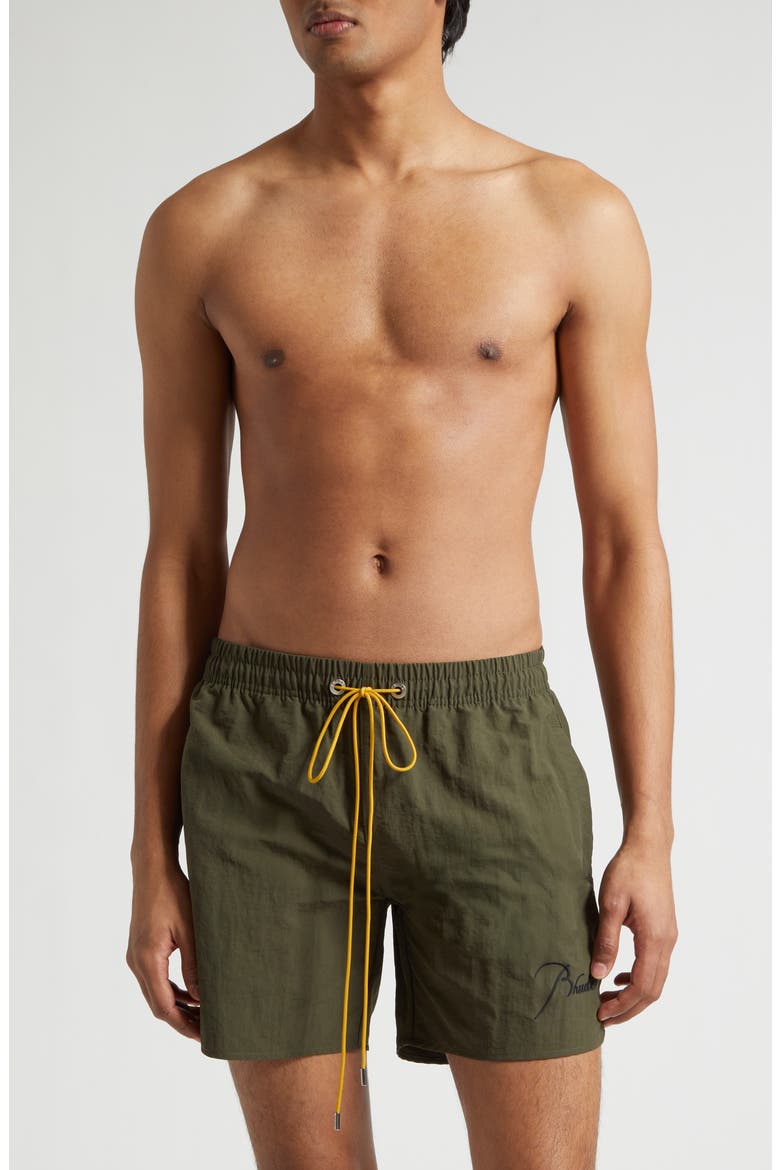 Radiator Nylon Swim Trunks, Main, color, MOSS GREEN/ BLACK