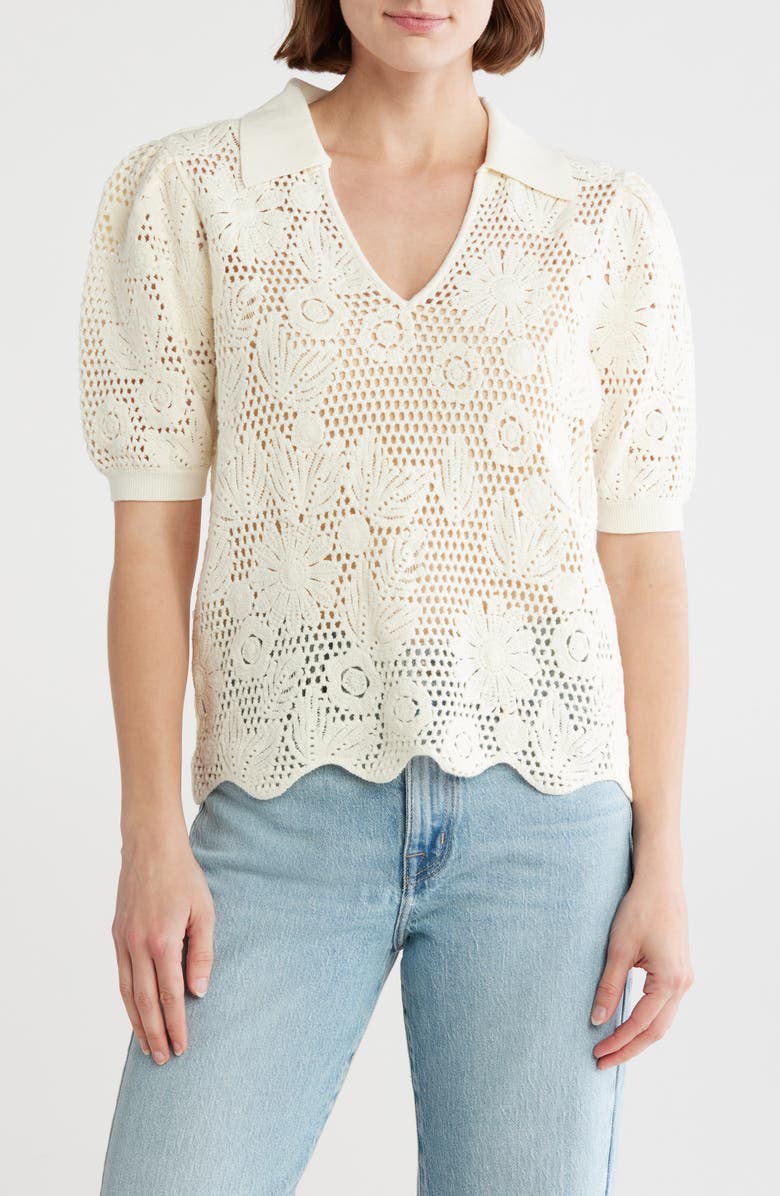 CHELSEA AND THEODORE Floral Open Stitch Puff Sleeve Top, Main, color, Ivory